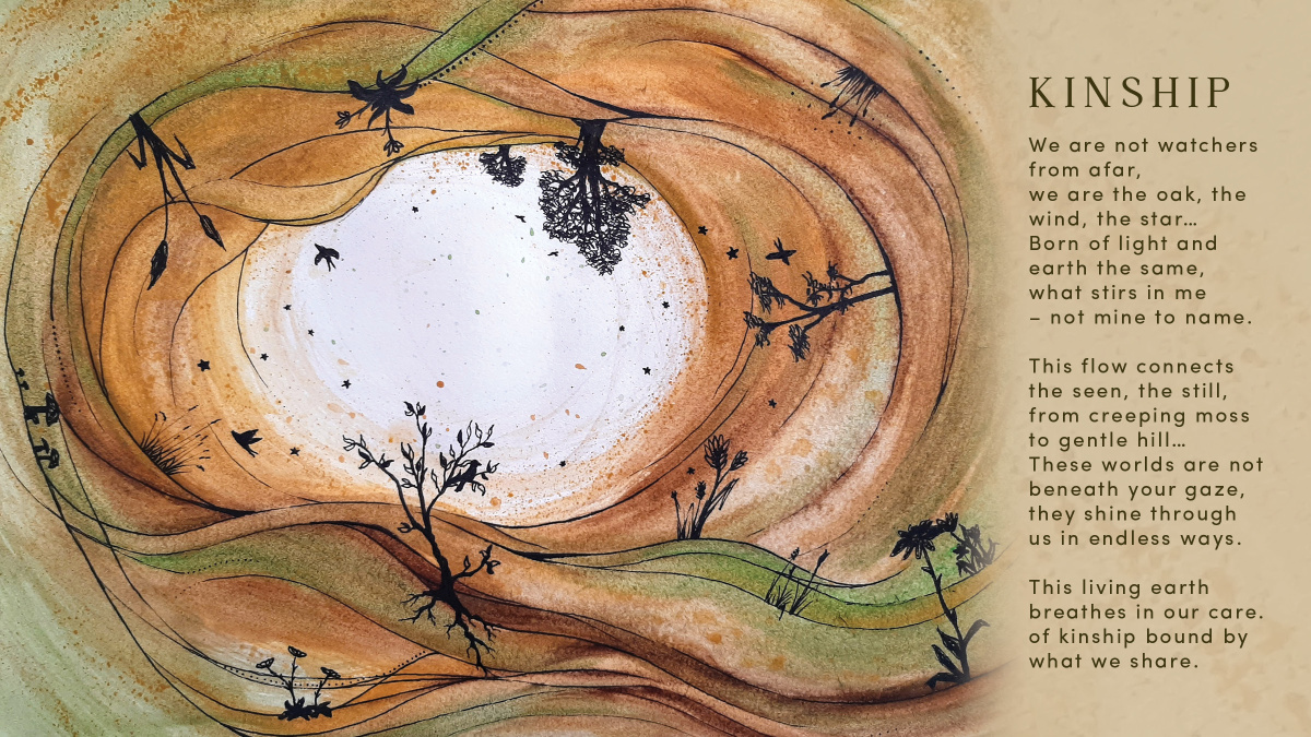 Artwork of watercolour and blank ink pen drawing. A swirling of flowing colours of the earth, browns, ochres and greens, in a full circular motion of movement. Sketched over this are trees, wild grasses and plants, with stars and birds