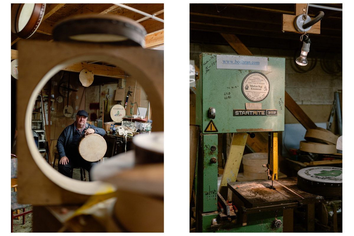 (Left) Malachy Kearns in his studio, surrounded by his Bodráns. (Right) A table saw, illuminated by a bare bulb.