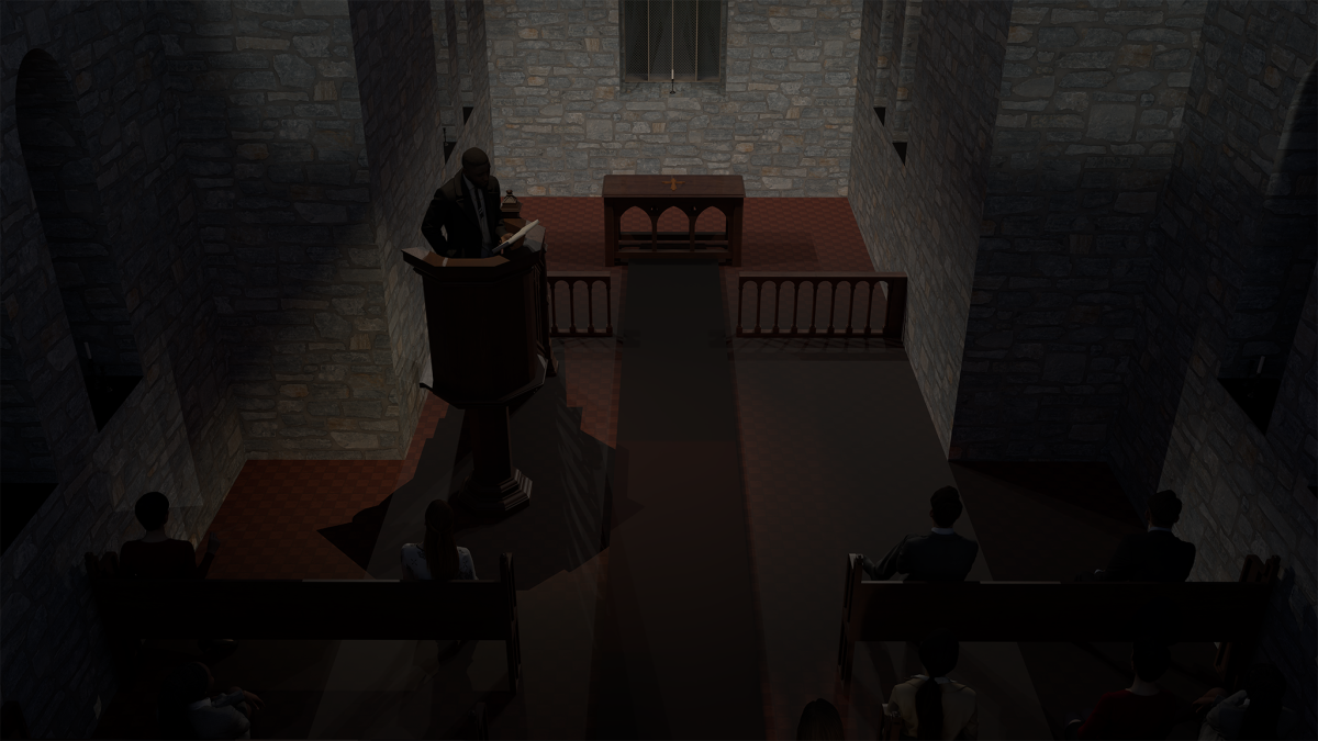 A dimly lit, shadowy medieval church interior. Pictured to the left stands the preacher, viewed at a height standing in the dark wooden pulpit, reading from a book. In shadows seated in front of him are members of the congregation in rows of pews. Small white candles are sitting in the windowsills of the stone church windows. 