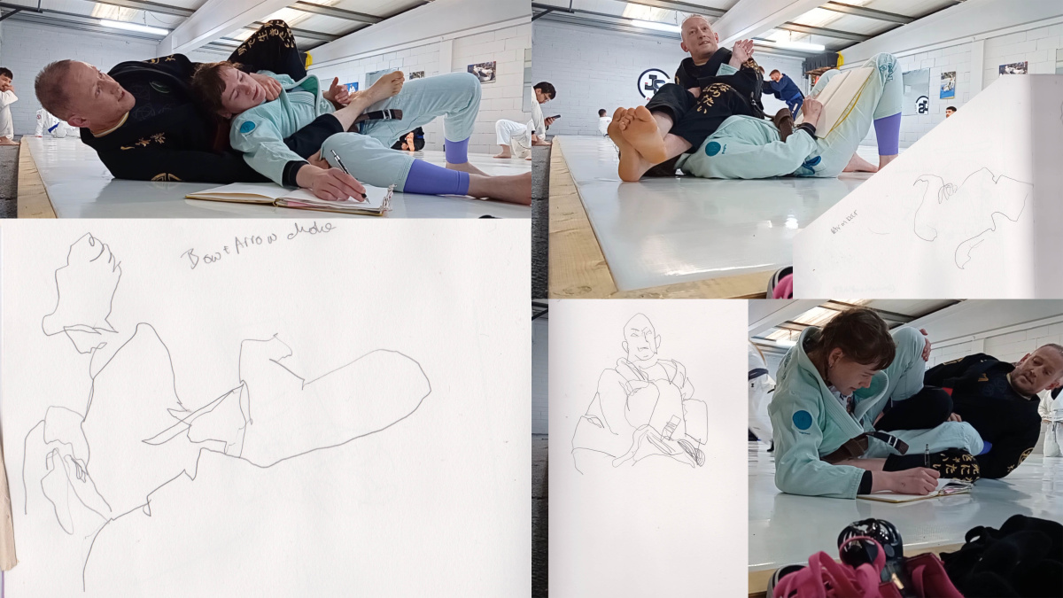 A selection of semi-blind contour drawings done from within the positions of bow and arrow choke, armbar, and straight ankle lock as encountered in BJJ.