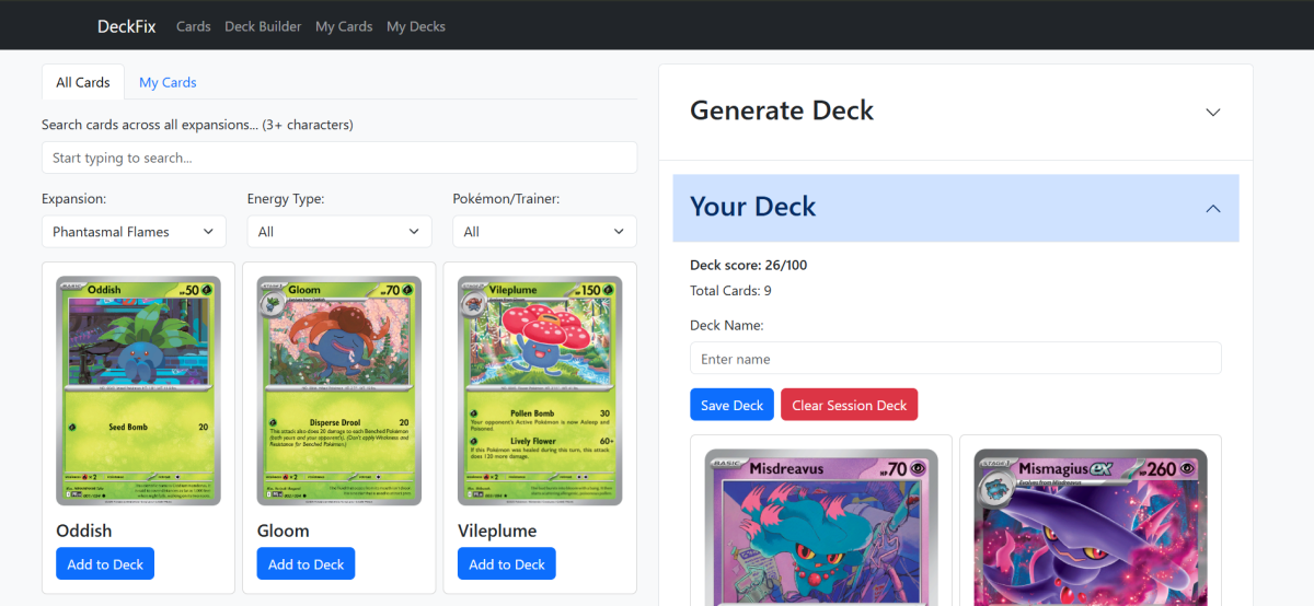 Screenshot of deck builder page
