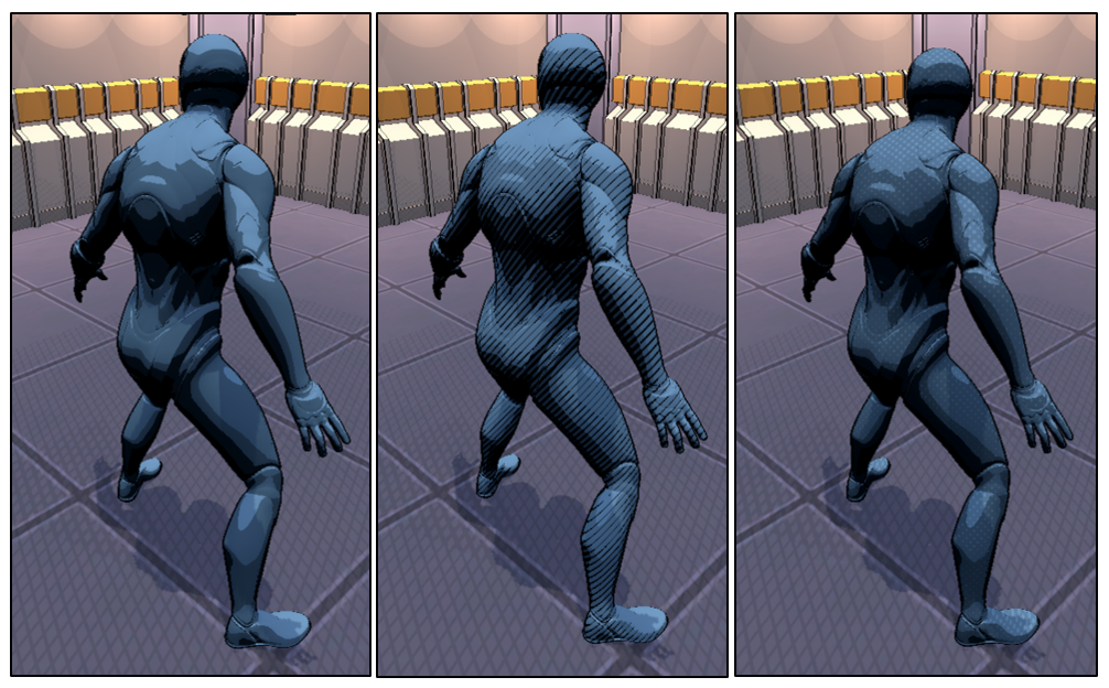 Picture of each cel shading variant: basic, hatching and haltoning