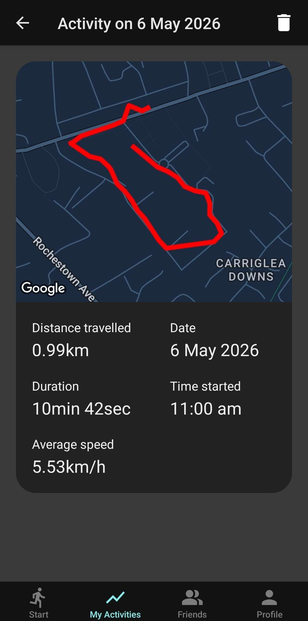 A screenshot of the activity tracking application "Motion". It shows a red line representing a route walked around IADT, and various statistics about the route, such as distance travelled and time taken.
