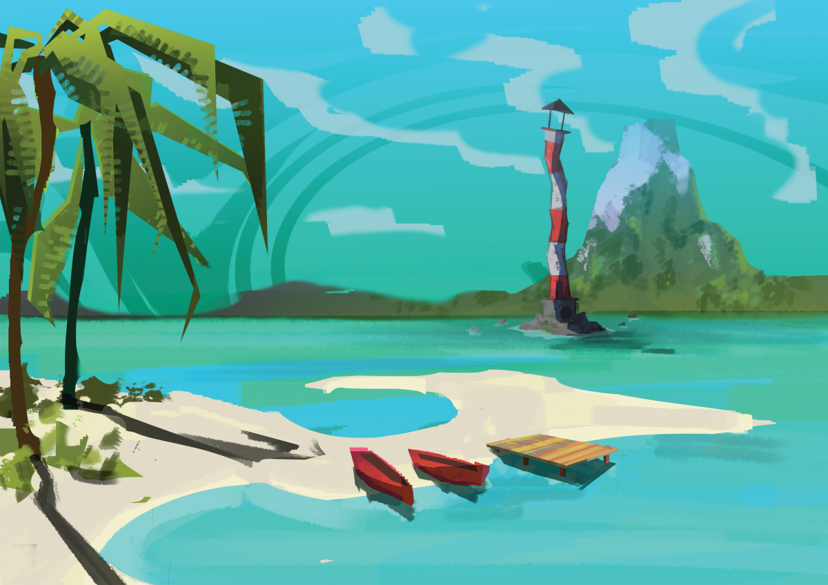 A beach, with a crooked lighthouse off the shore