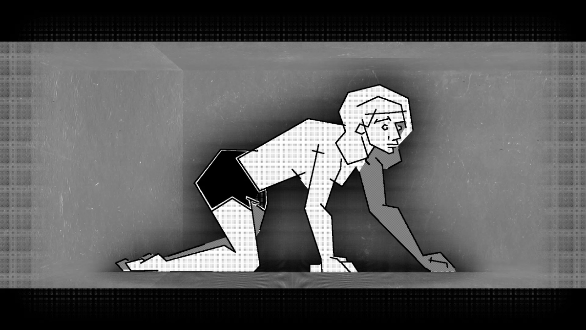 a woman crawling through a ventilation shaft on her hands and knees