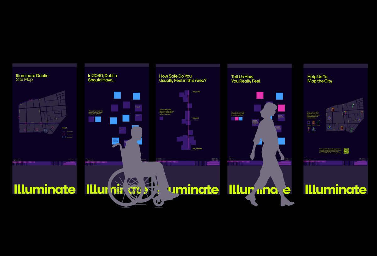 Information Stand Diagram with Silhouettes Walking in Front
