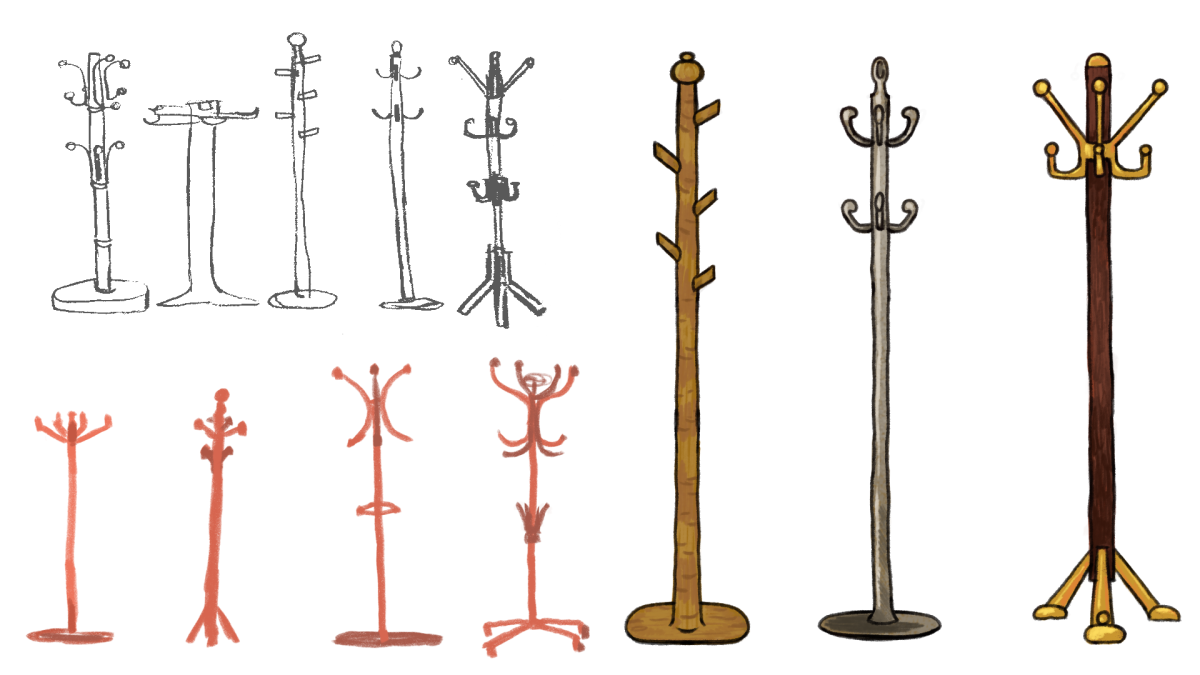 Prop design and shape explorations of coat hangers.