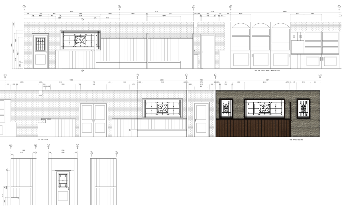 Technical drawings showing extended elevations, with one section being a paint elevation in colour.