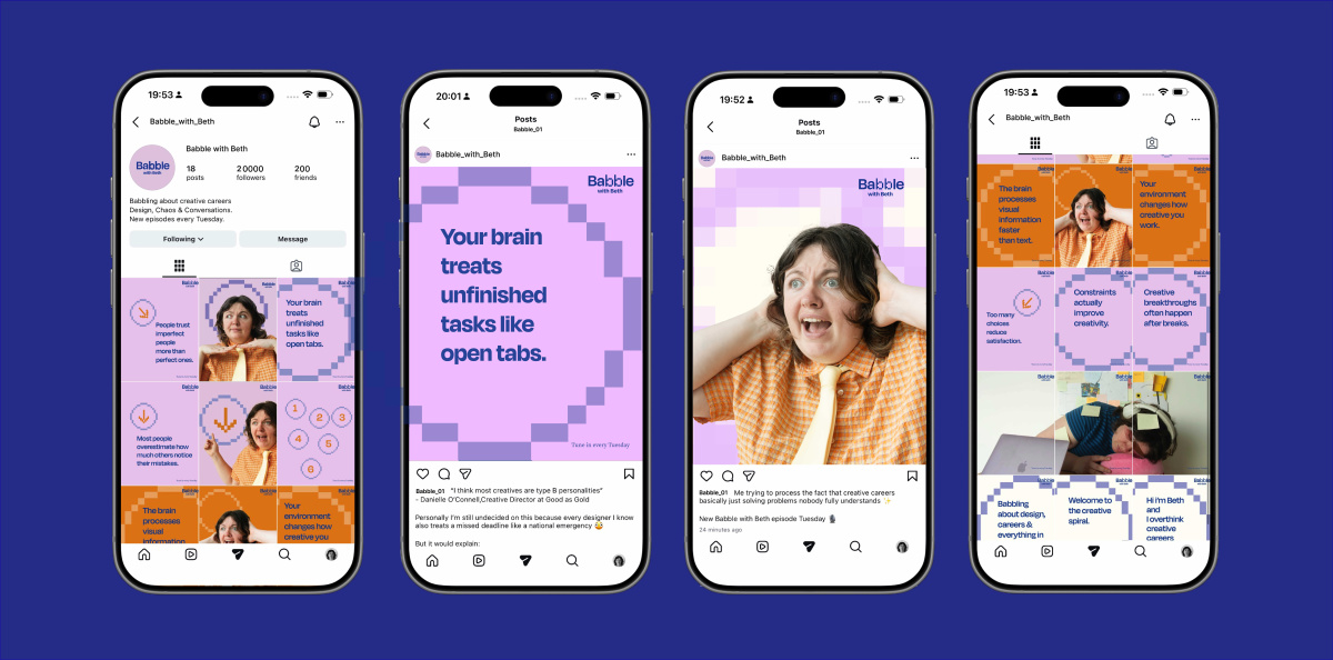 The Instagram campaign uses relatable posts, podcast clips, and funny parody-style videos based on everyday creative chaos to grab attention and connect.